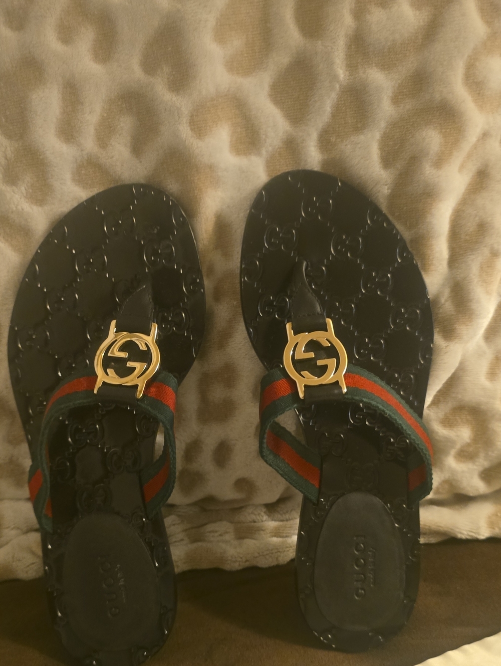 Gucci Black Patent Sandals with Green and Red Web and Gold GG